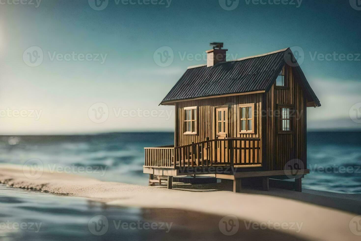 a tiny house on the beach. AI-Generated photo