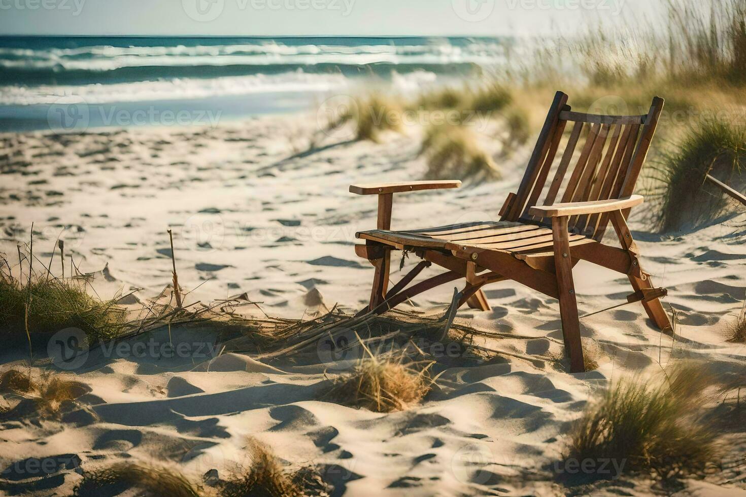 a wooden chair sits on the beach near the ocean. AI-Generated photo