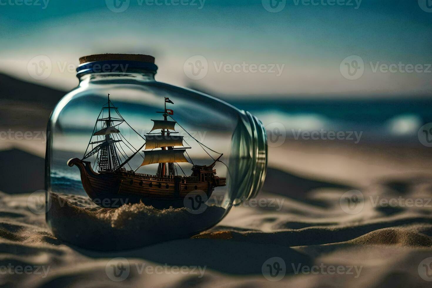 a ship in a bottle on the beach. AI-Generated photo