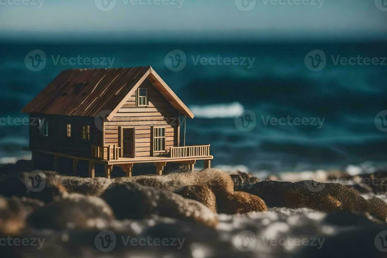 a miniature house on the rocks by the ocean. AI-Generated photo
