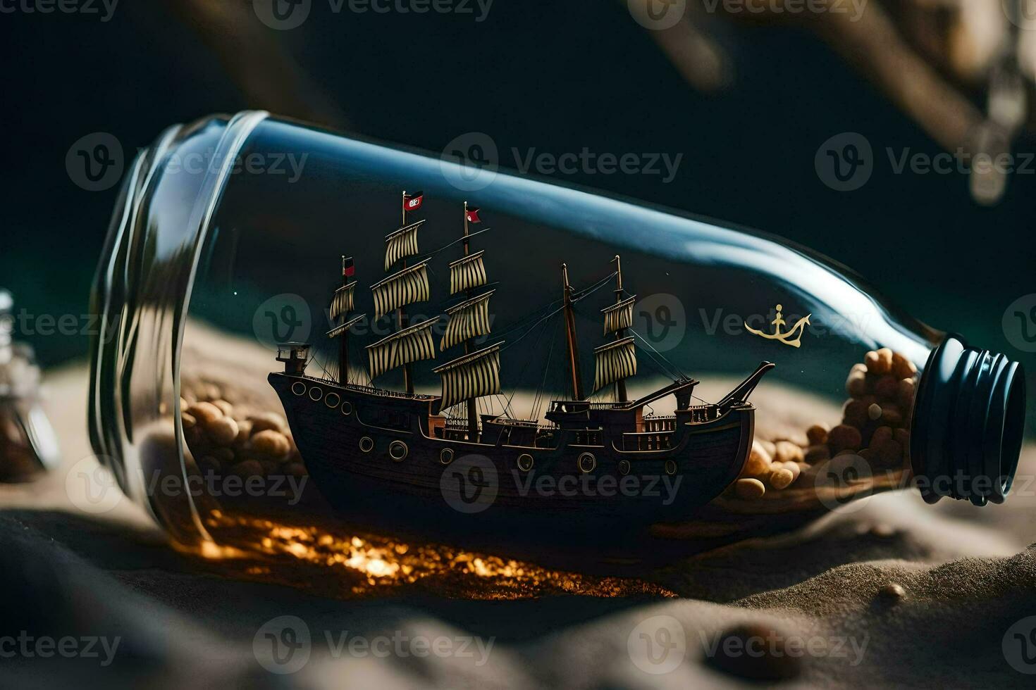 a ship in a bottle on sand. AI-Generated photo