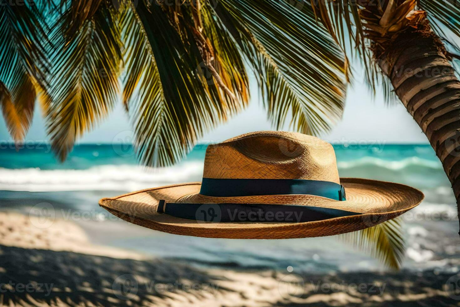 a hat hanging from a palm tree on the beach. AI-Generated photo