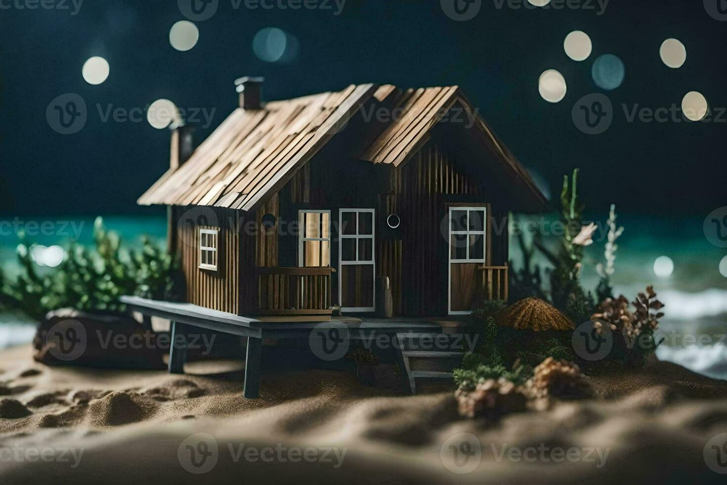 a miniature house on the beach at night. AI-Generated photo