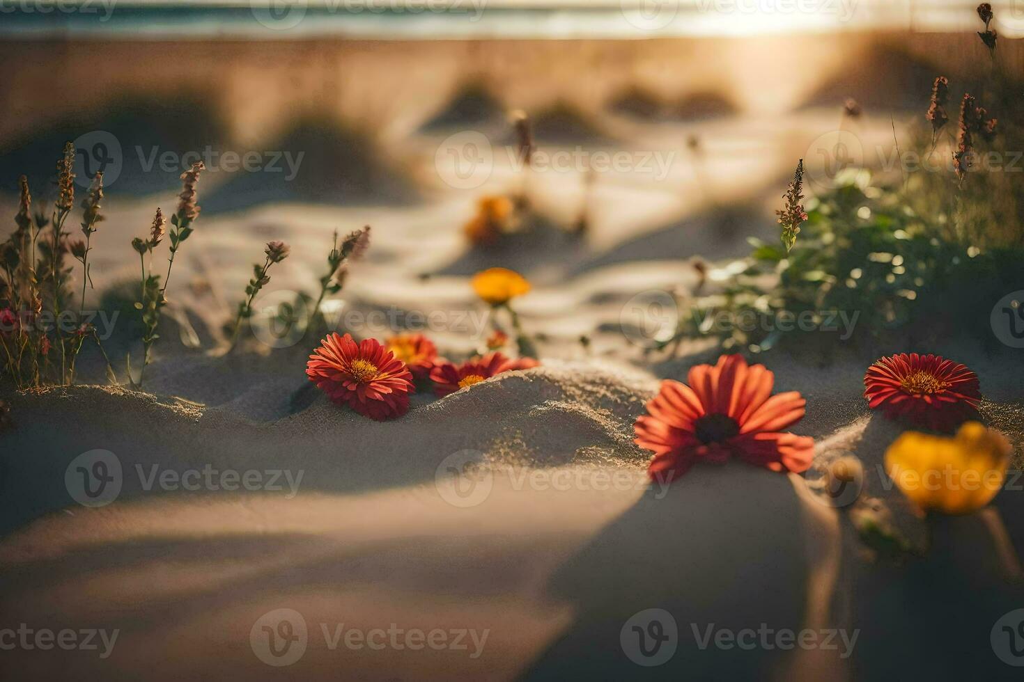 flores en el playa a puesta de sol. generado por ai foto