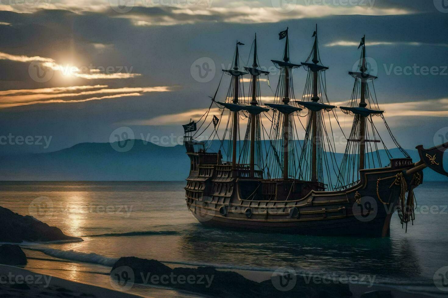 a pirate ship is docked at the beach. AI-Generated photo