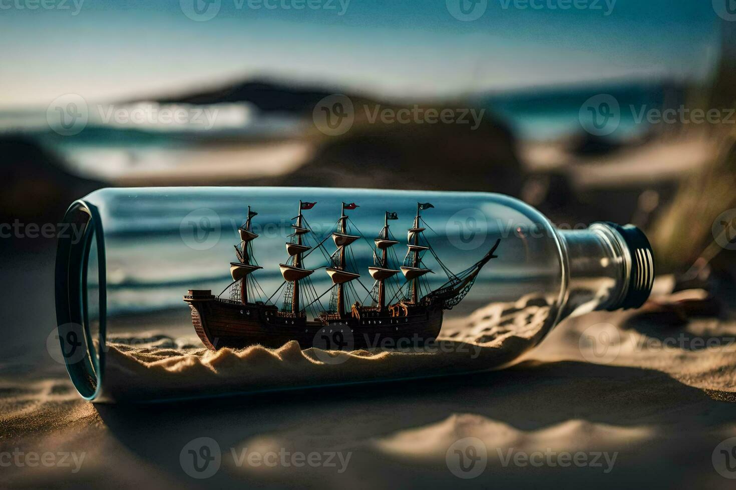 a ship in a bottle on the beach. AI-Generated photo