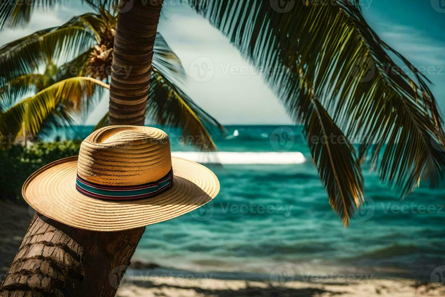 straw hat on palm tree. AI-Generated photo