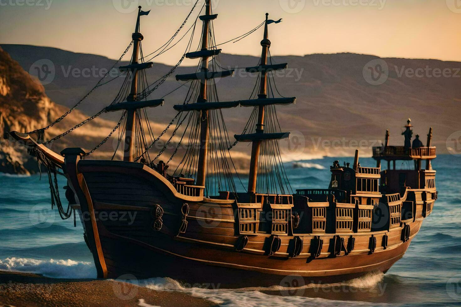 a wooden ship on the beach at sunset. AI-Generated photo