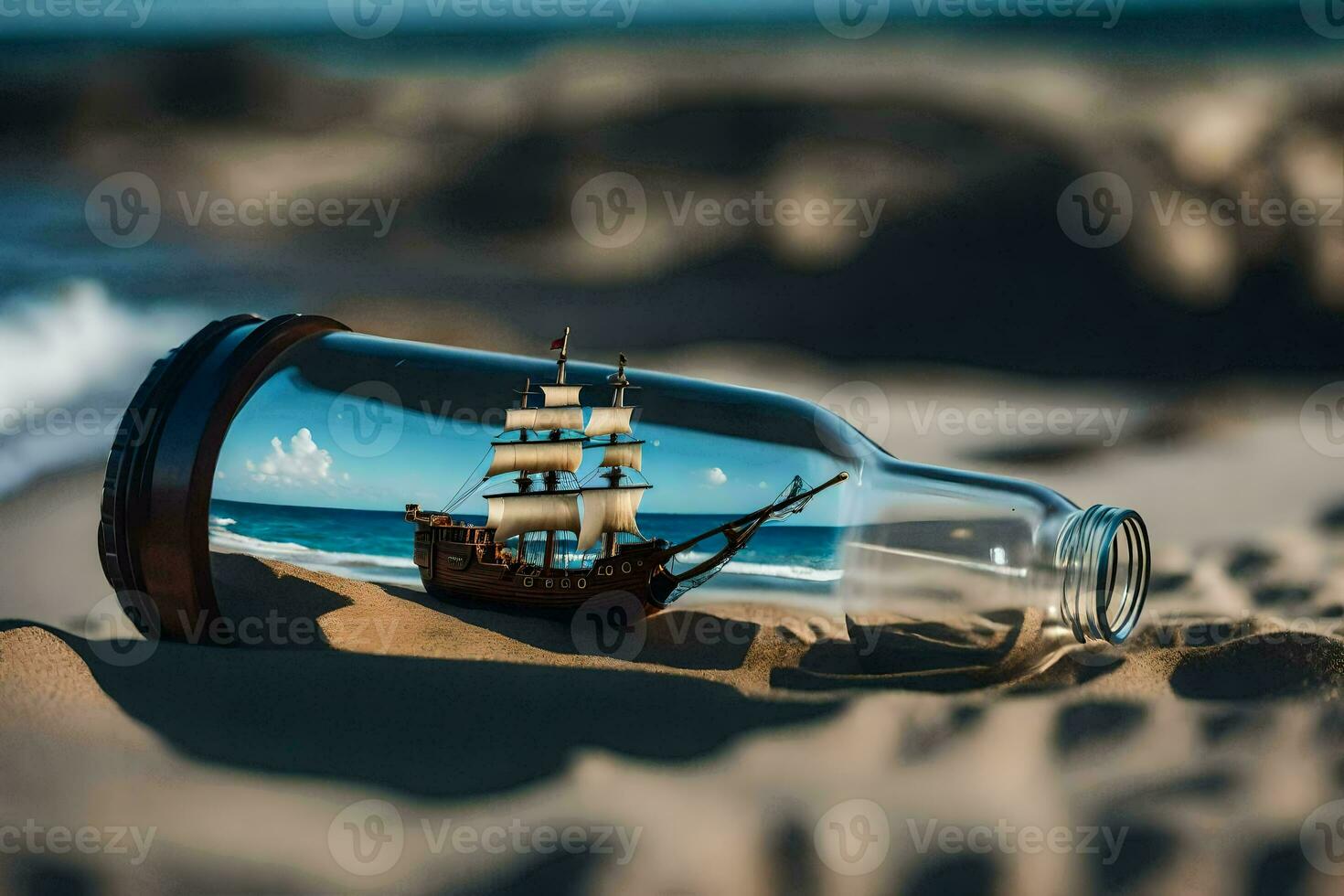 a ship in a bottle on the beach. AI-Generated photo