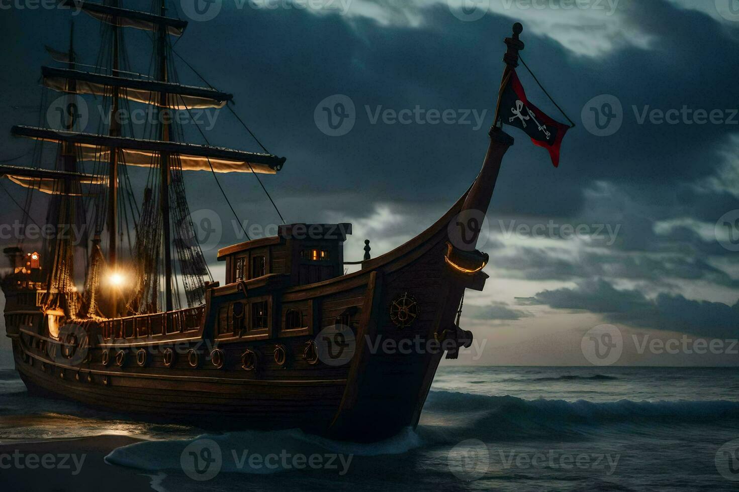a pirate ship is sailing on the ocean. AI-Generated photo