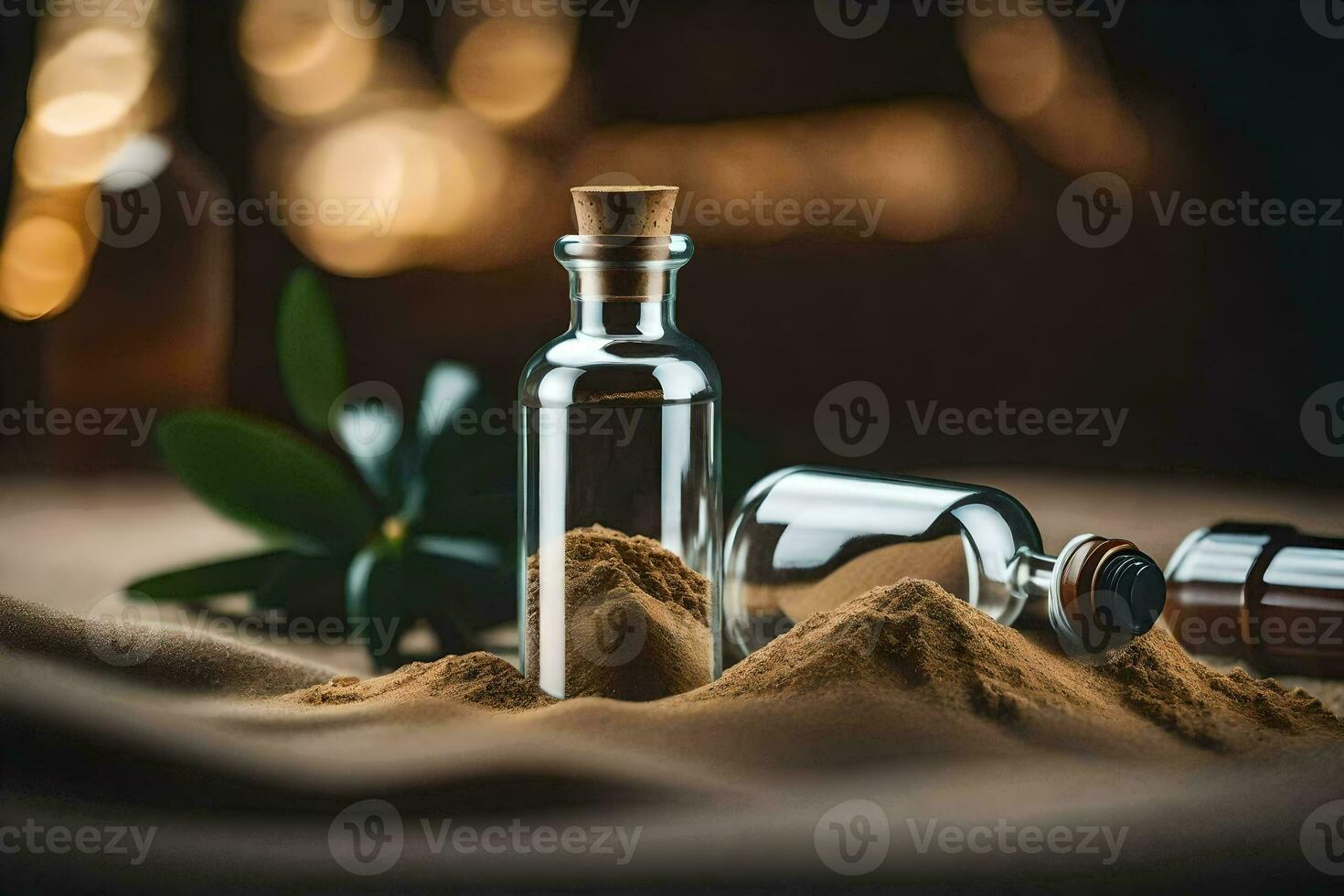 the bottle of essential oil is on the sand. AI-Generated photo