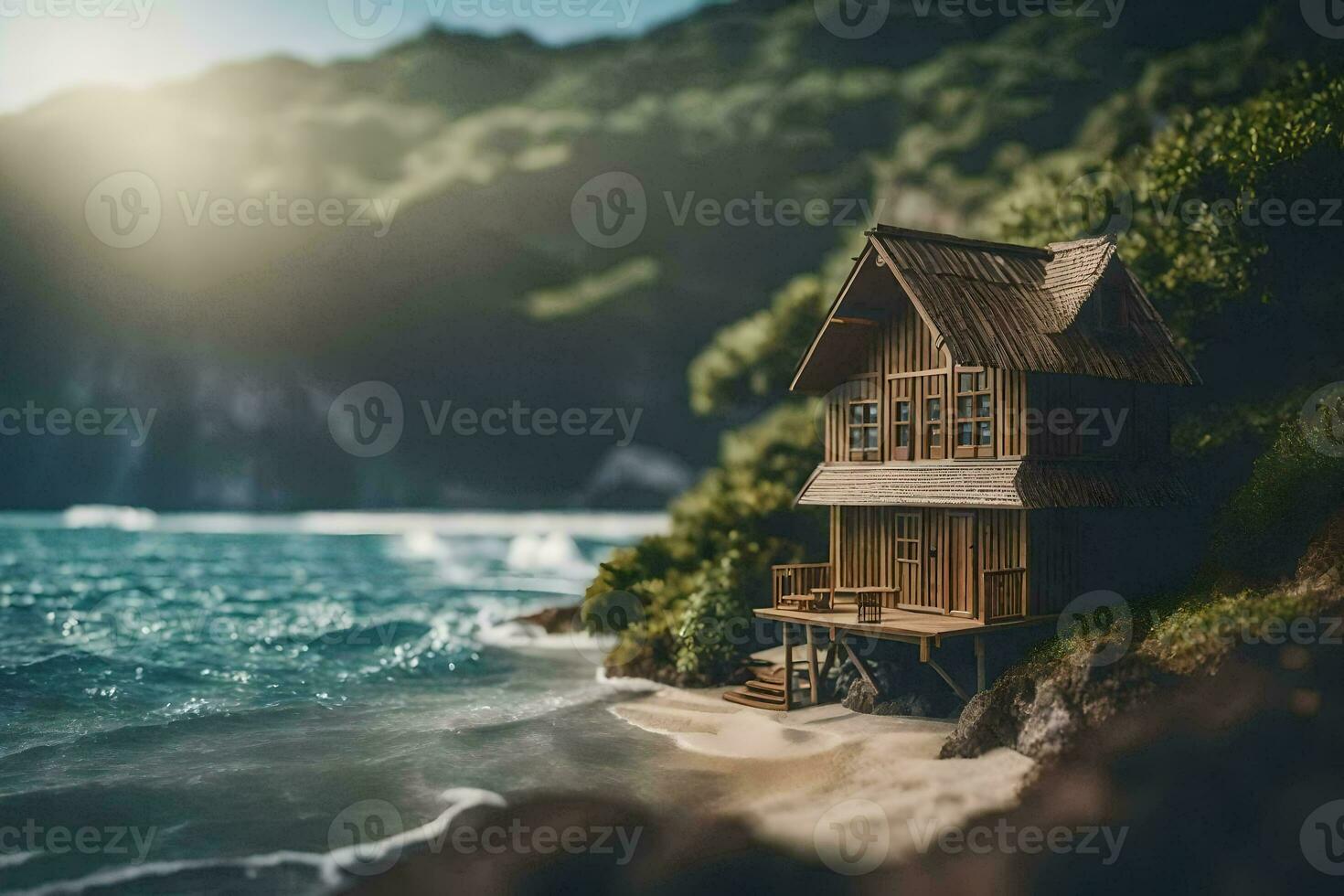 a miniature house on the beach by the ocean. AI-Generated photo