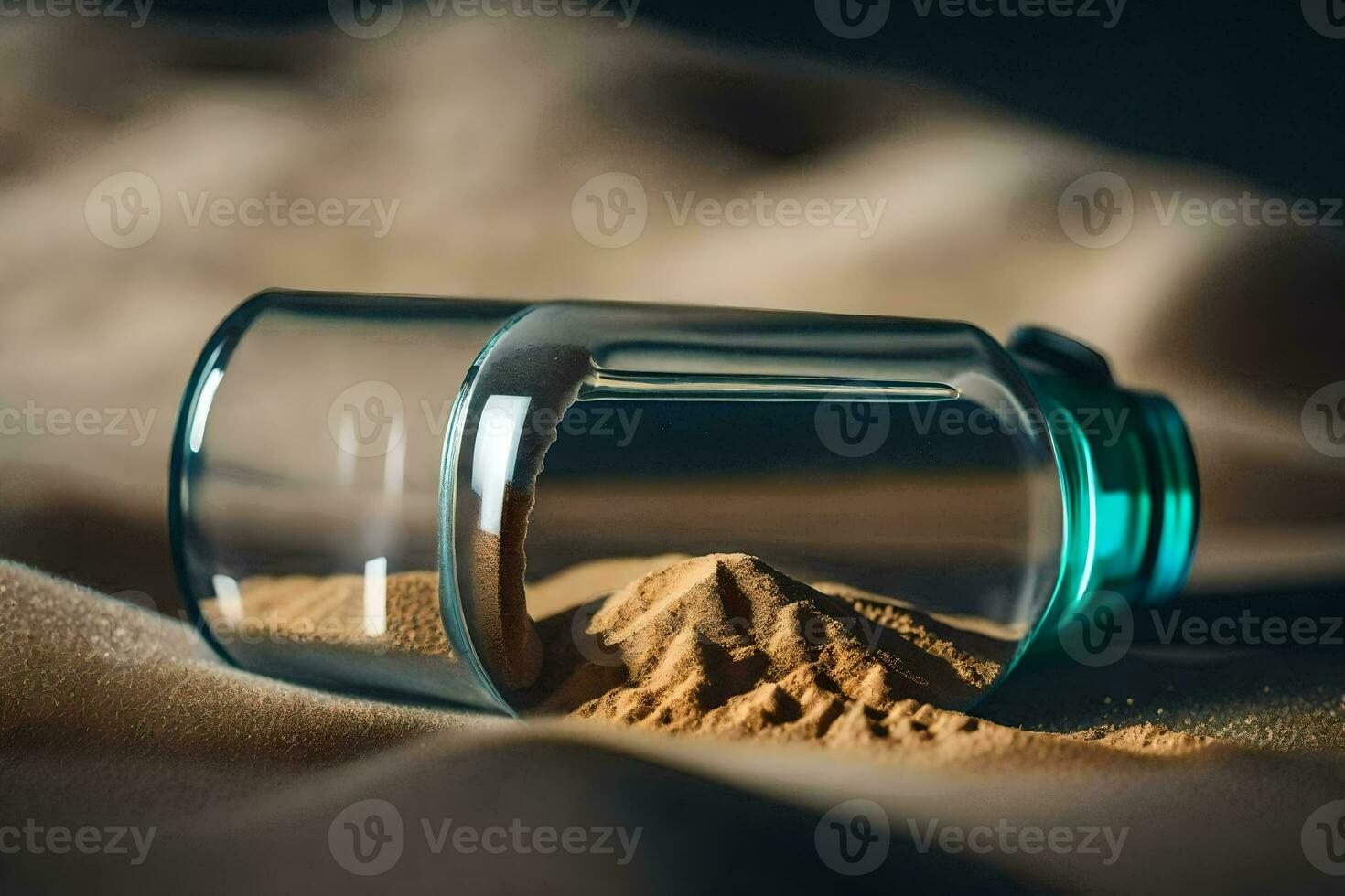 a glass bottle filled with sand and sand. AI-Generated photo