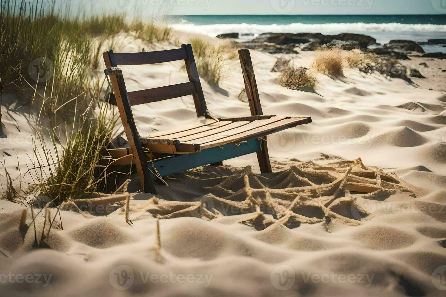 a chair sits on the sand near the ocean. AI-Generated photo