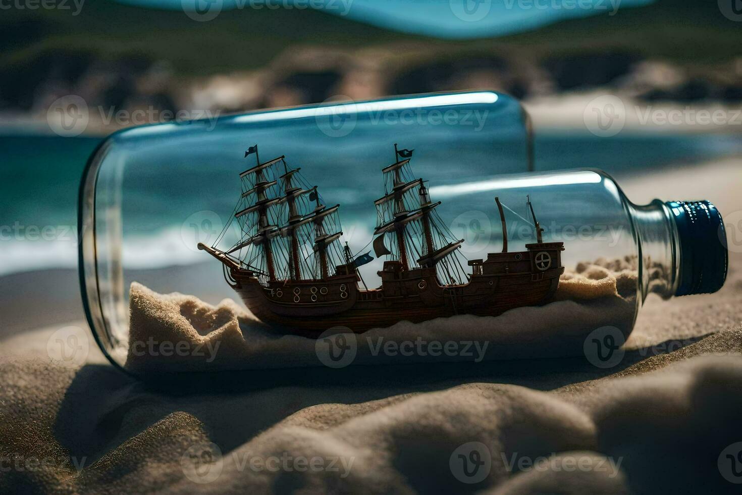 a ship in a bottle on the beach. AI-Generated photo