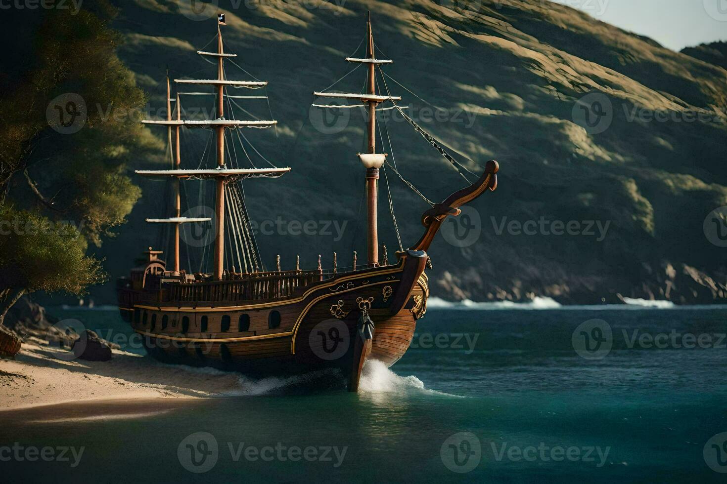 a pirate ship is on the beach near a mountain. AI-Generated photo