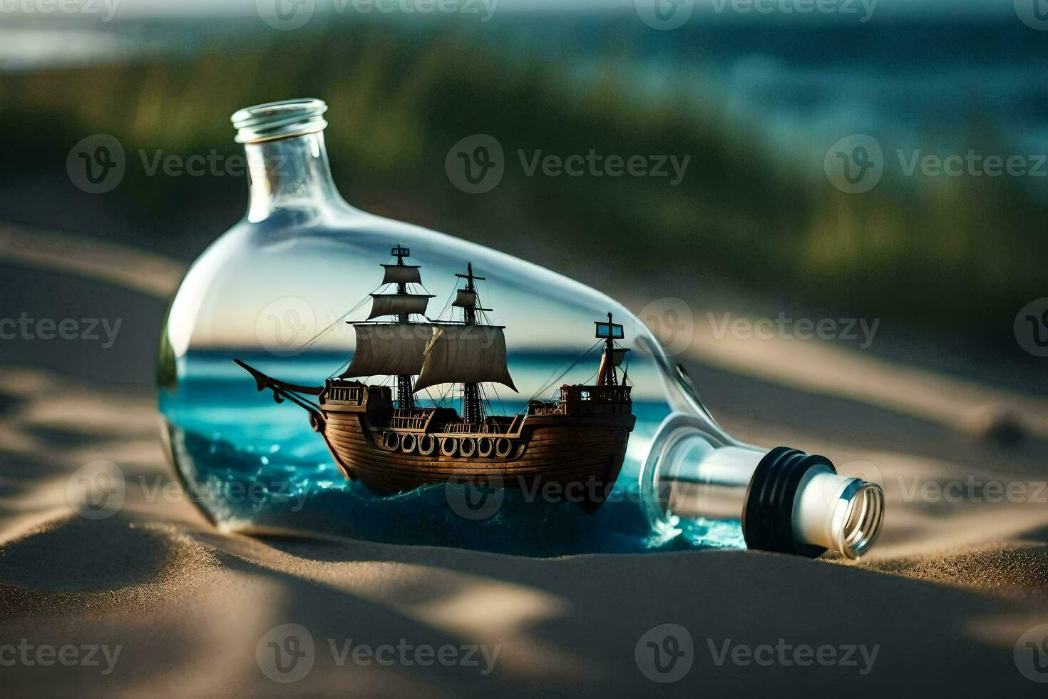 a ship in a bottle on the beach. AI-Generated photo