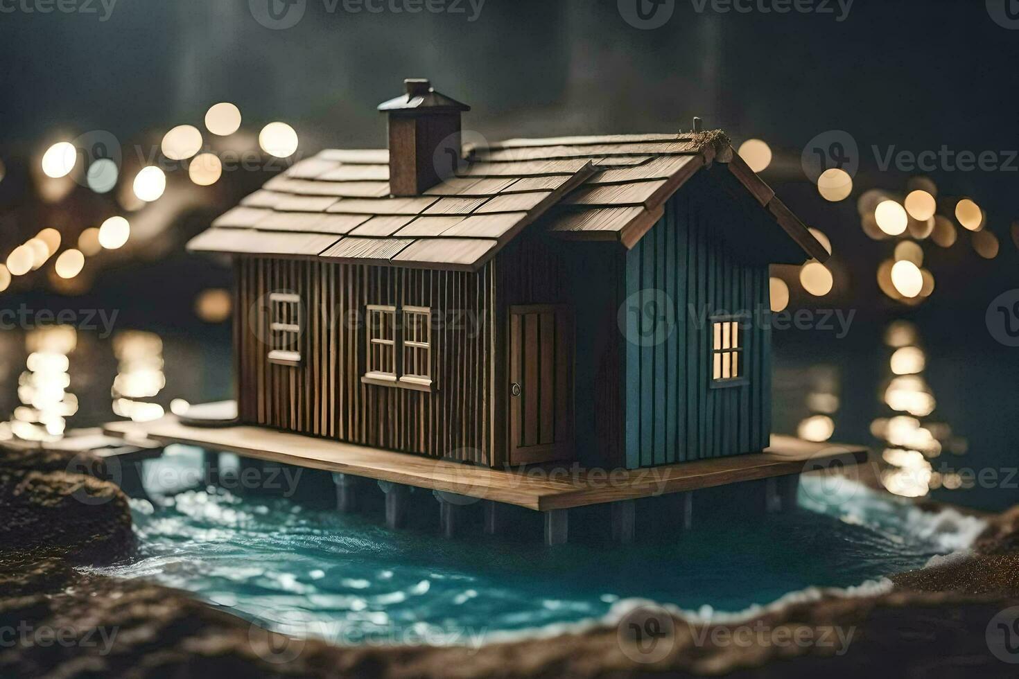 a miniature house on a dock in the water. AI-Generated photo