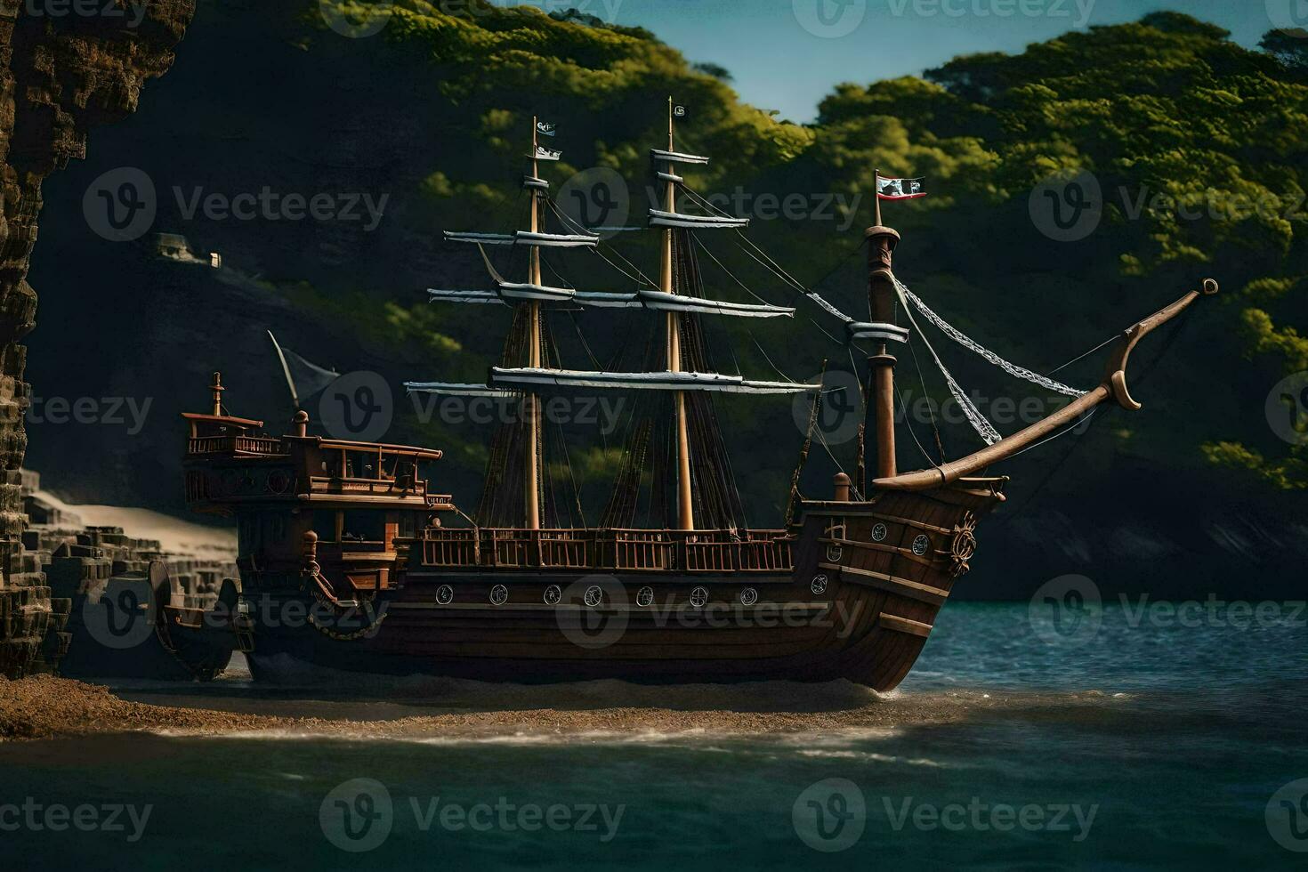 a pirate ship is sitting on the shore near a cliff. AI-Generated photo