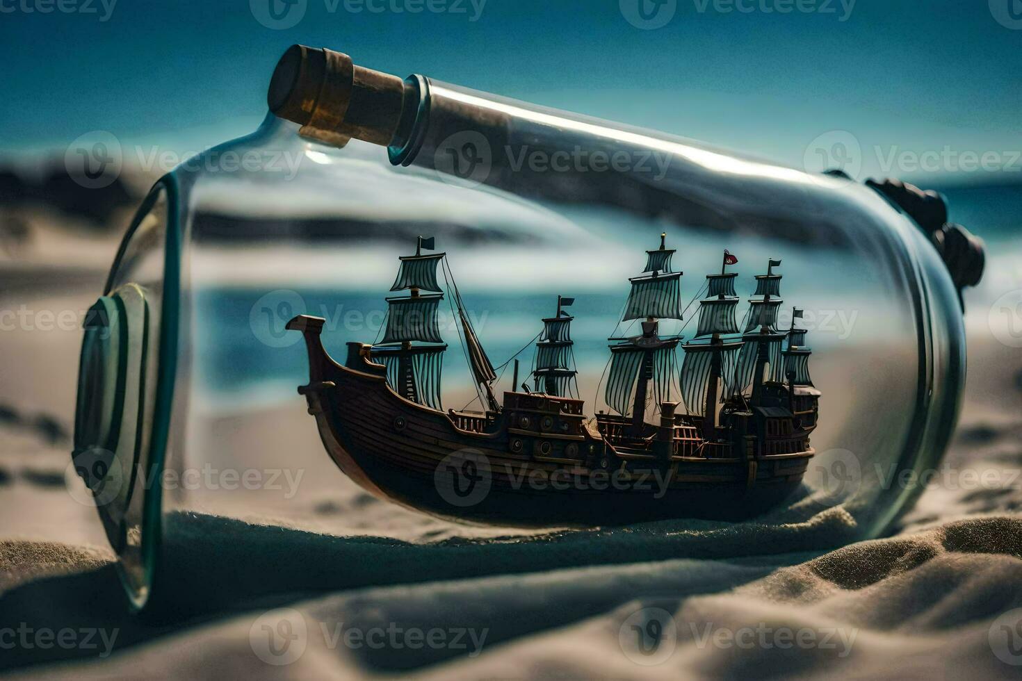 ship in a bottle on the beach. AI-Generated photo