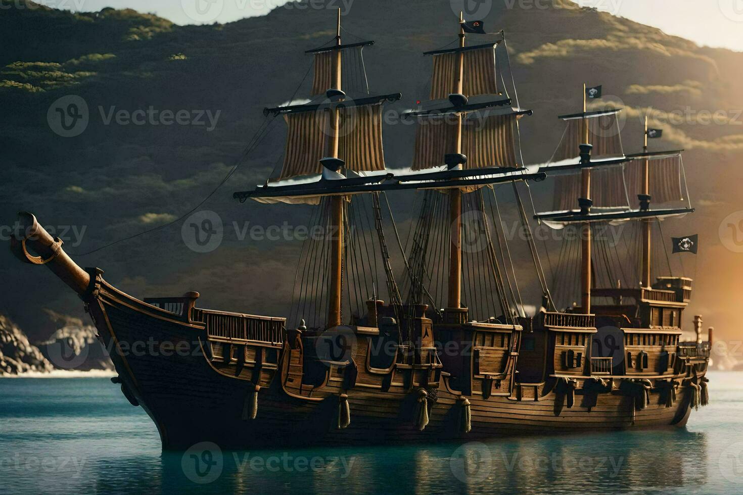 a pirate ship is sailing in the ocean. AI-Generated photo