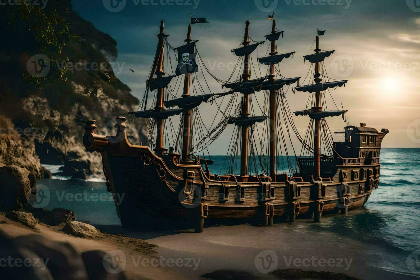 a pirate ship is on the beach near the ocean. AI-Generated photo