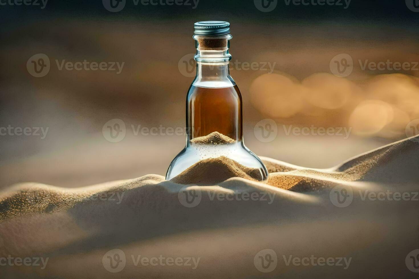 a bottle of wine in the sand. AI-Generated photo