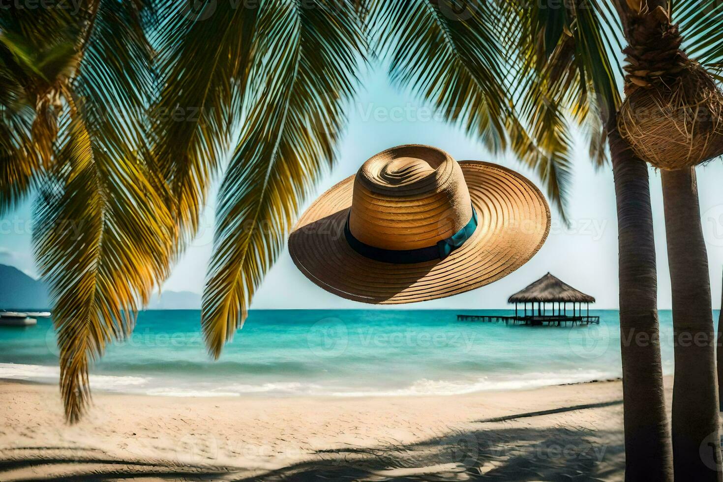a hat hanging from a palm tree on a tropical beach. AI-Generated photo