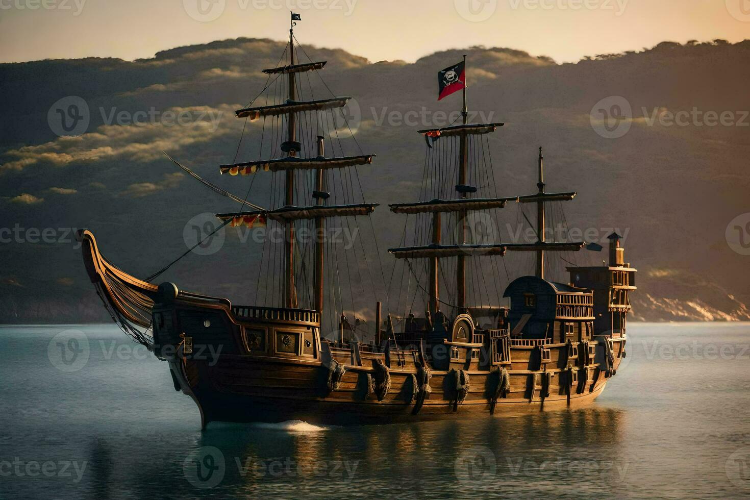 a pirate ship is sailing in the ocean. AI-Generated photo