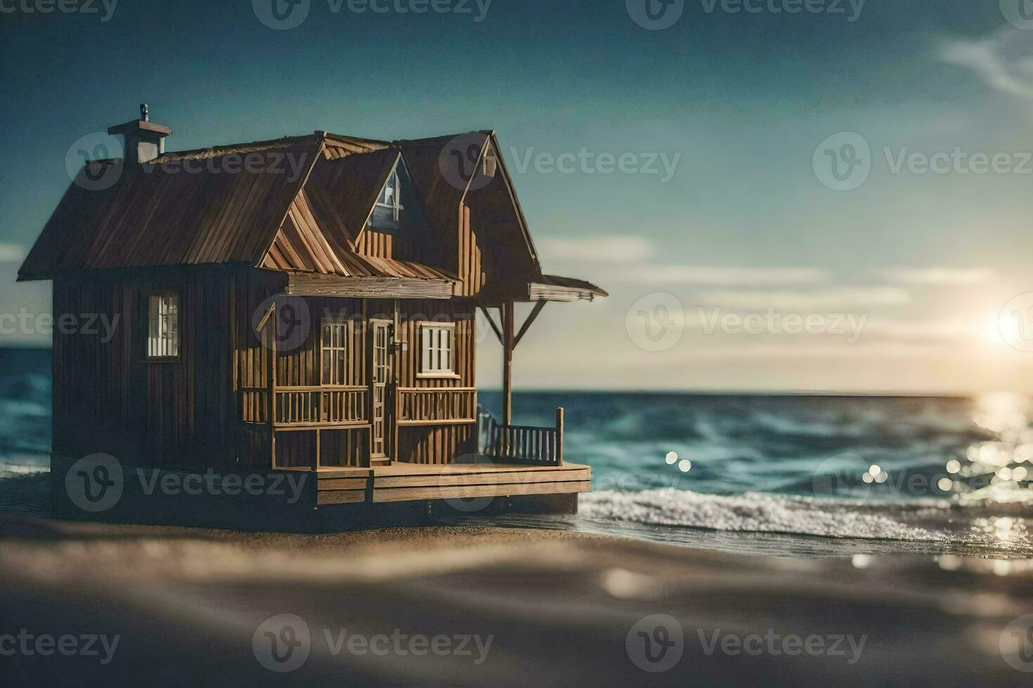 a miniature wooden house on the beach. AI-Generated photo