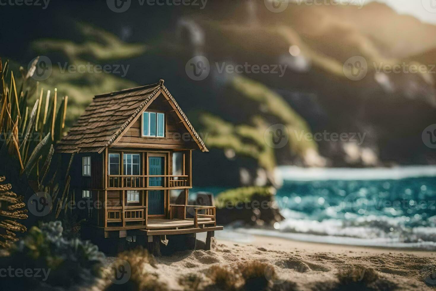 a miniature house on the beach by the ocean. AI-Generated photo