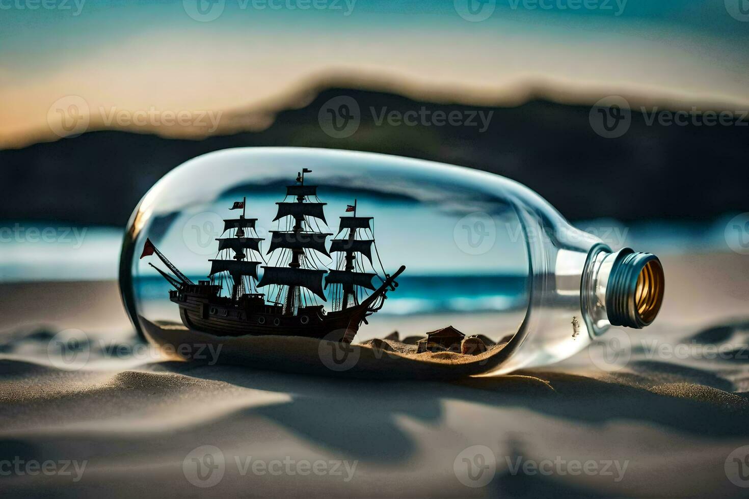 a ship in a bottle on the beach. AI-Generated photo