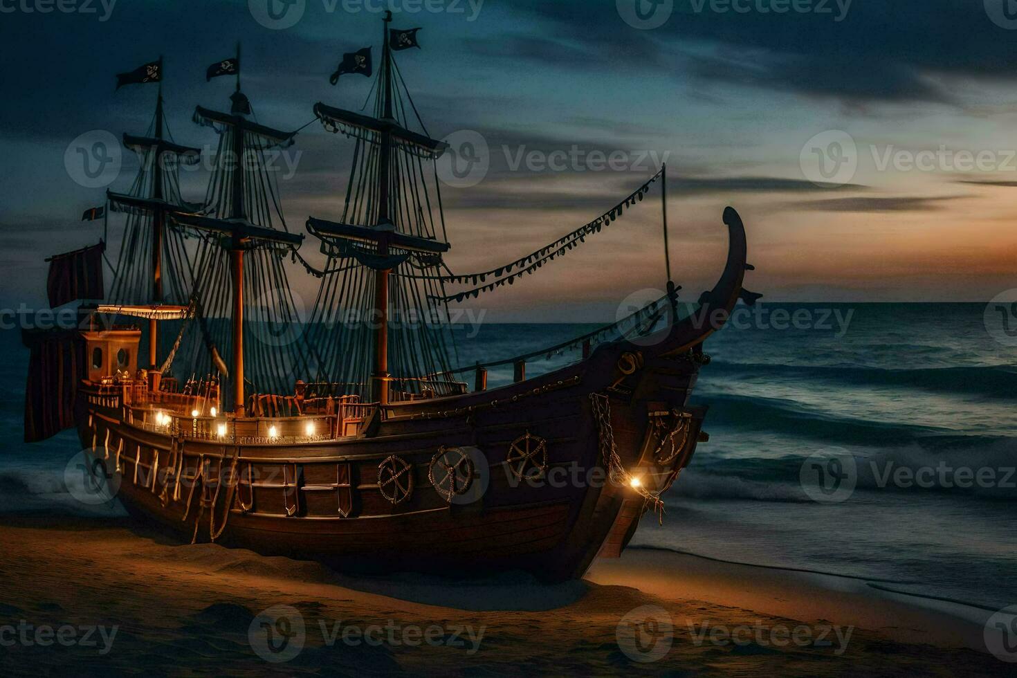 un pirata Embarcacion en el playa a noche. generado por ai foto
