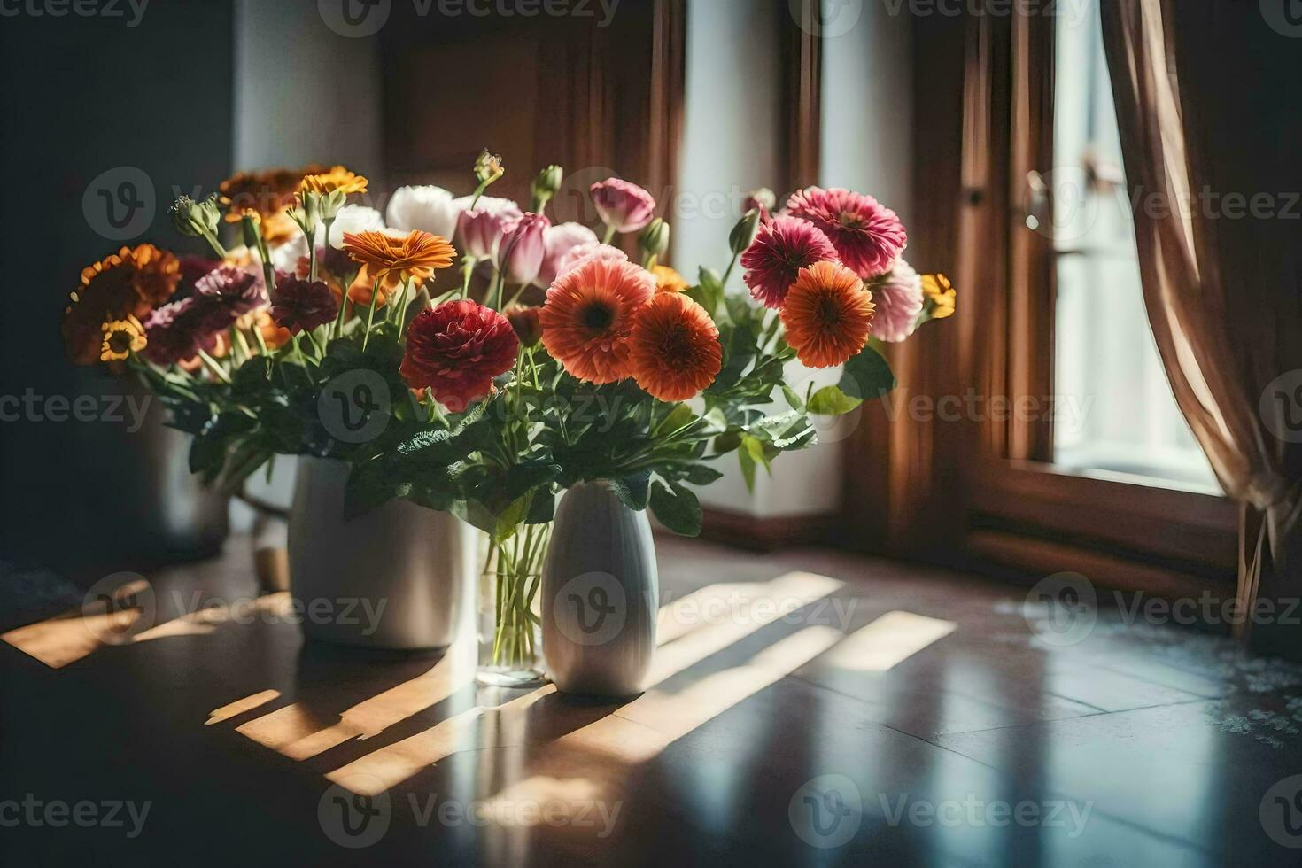 flowers in vases on a wooden floor. AI-Generated photo