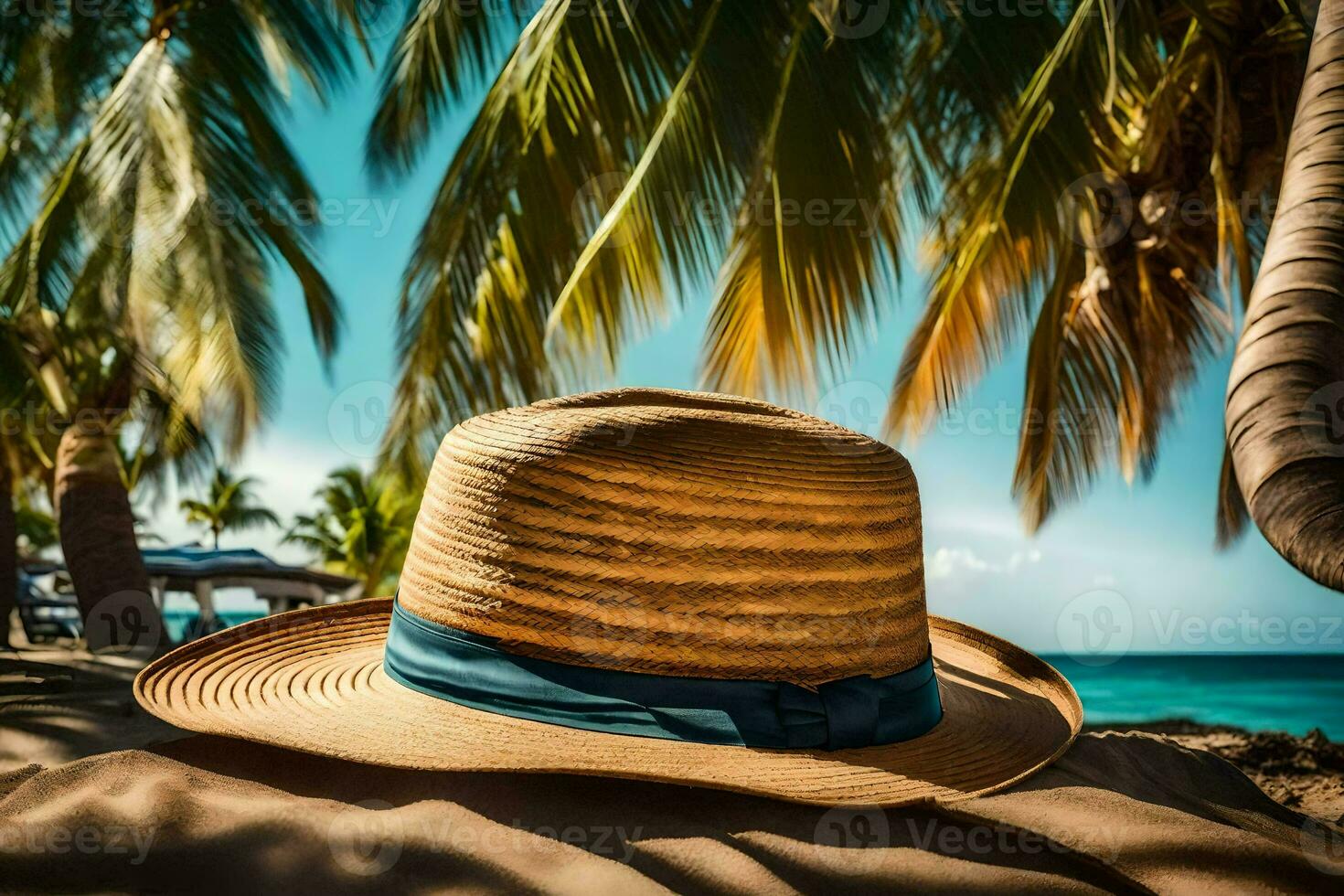 a hat sits on the sand near the ocean. AI-Generated photo