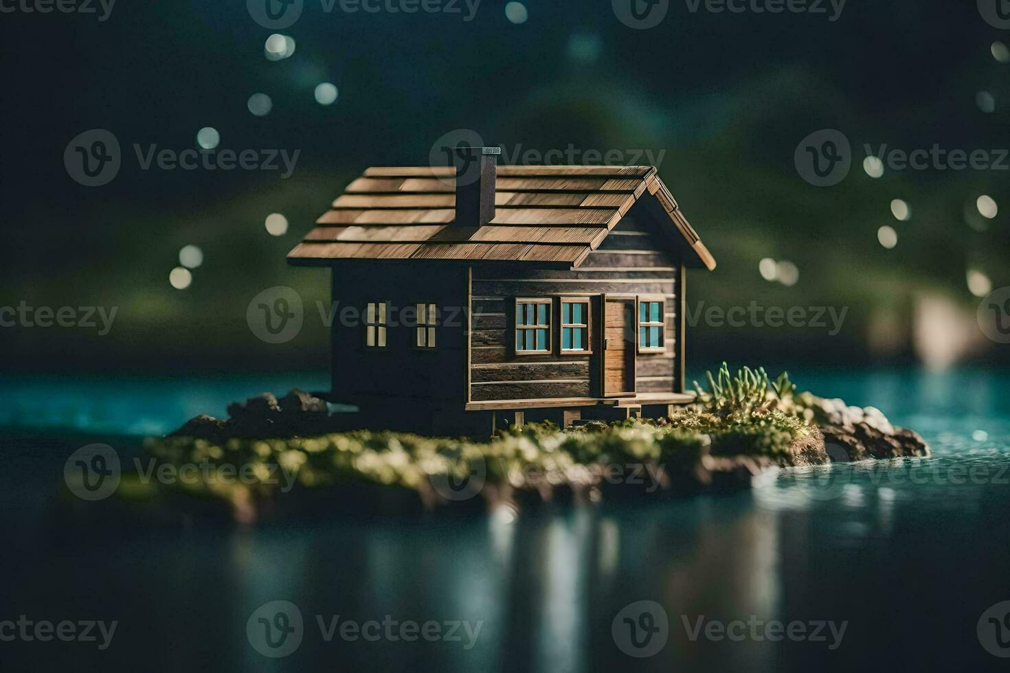 a small wooden house on a small island in the middle of the lake. AI-Generated photo