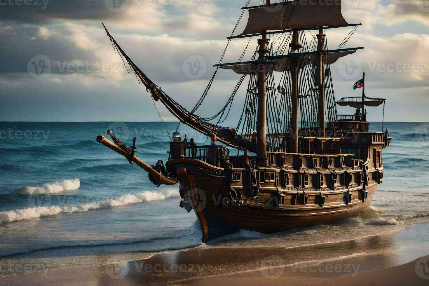 a wooden ship on the beach near the ocean. AI-Generated photo