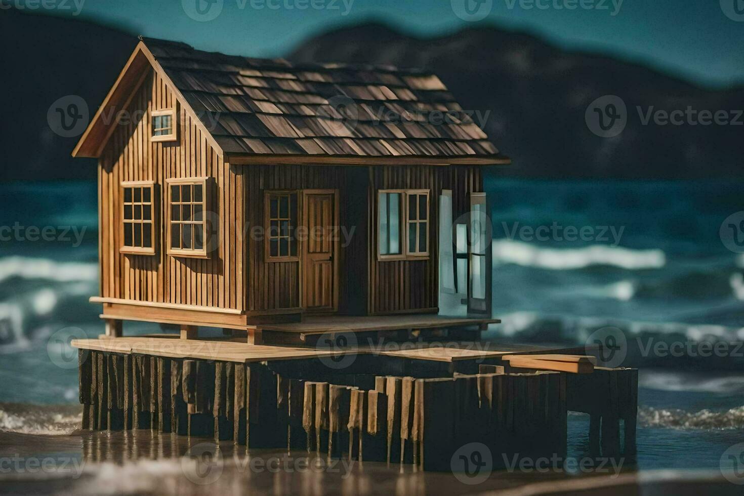 a miniature wooden house on the beach. AI-Generated photo