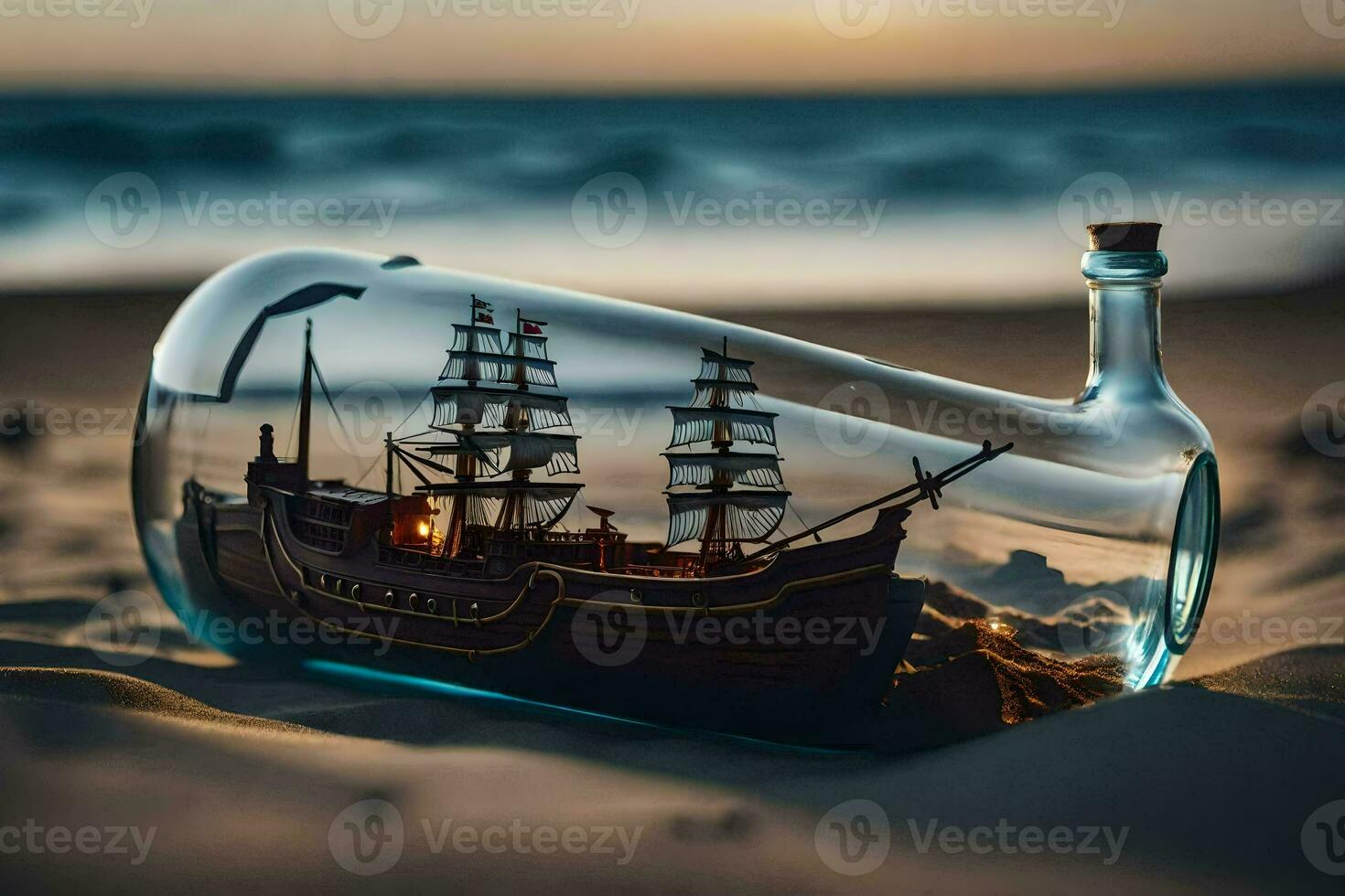 a ship in a bottle on the beach. AI-Generated photo