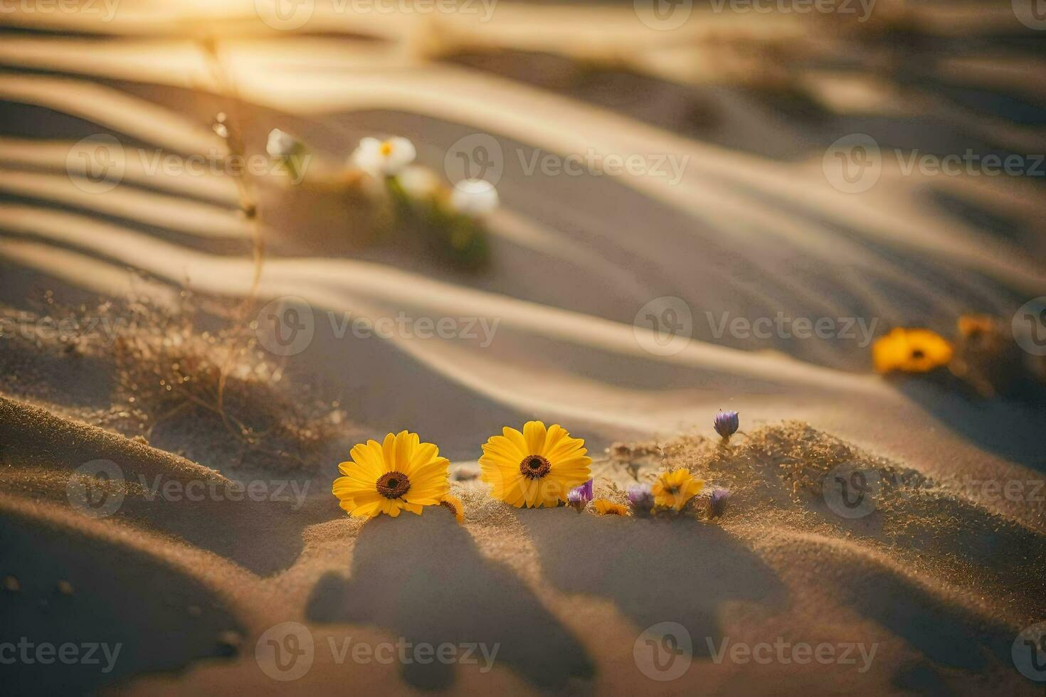 the desert flowers are growing in the sand. AI-Generated photo