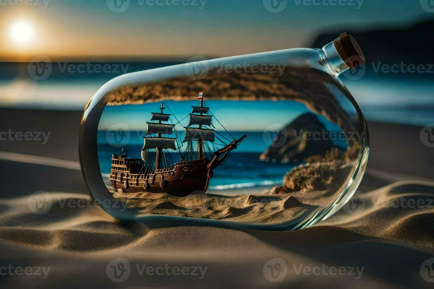 a ship in a bottle on the beach. AI-Generated photo