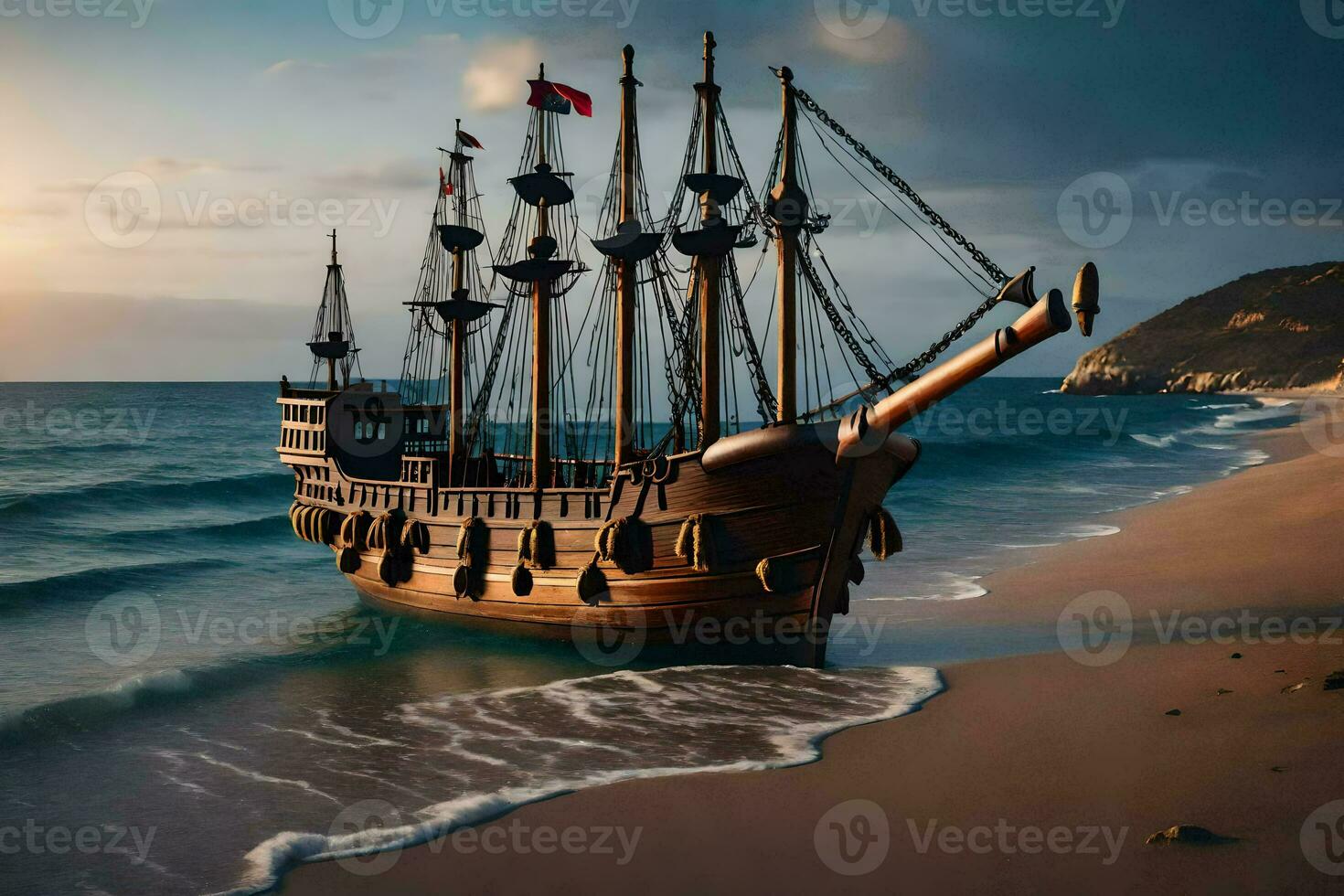 a pirate ship on the beach at sunset. AI-Generated photo