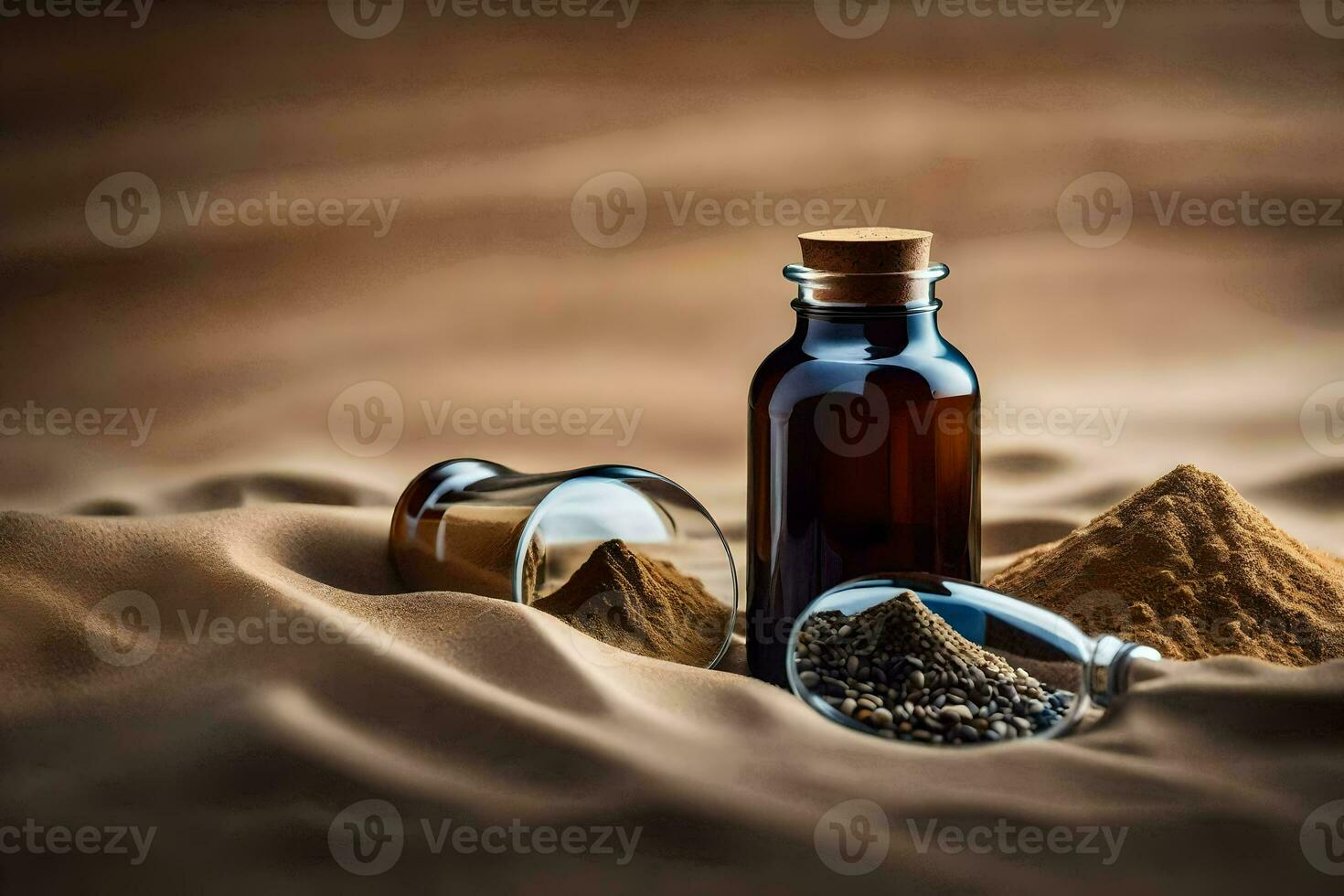 the bottle of essential oil and the glass bottle with the spices. AI-Generated photo