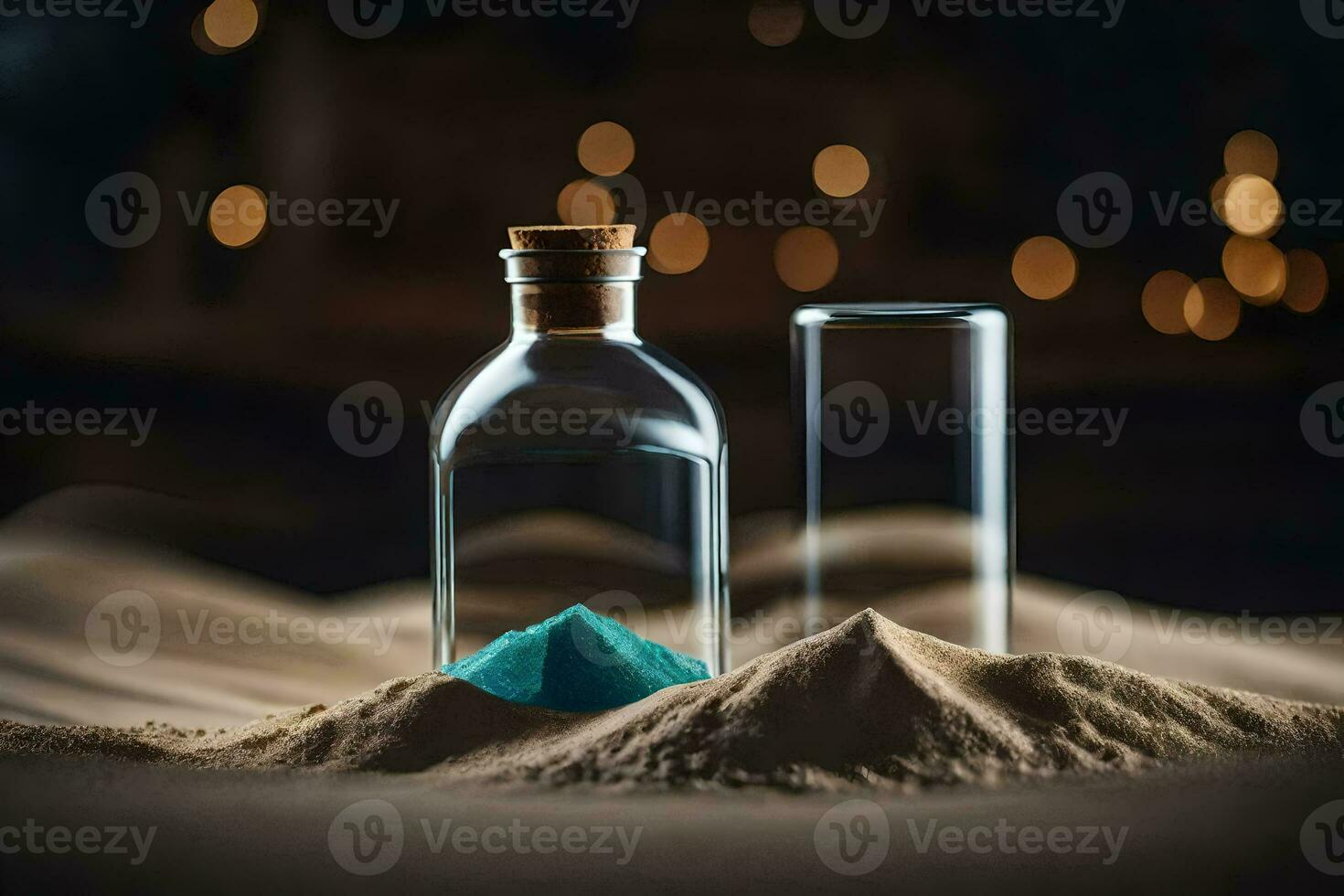 a bottle filled with blue sand and a glass. AI-Generated photo