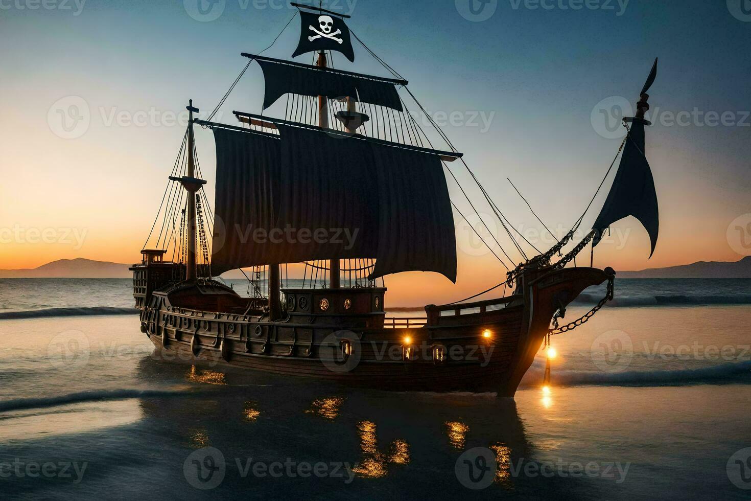 un pirata Embarcacion es navegación en el Oceano a puesta de sol. generado por ai foto