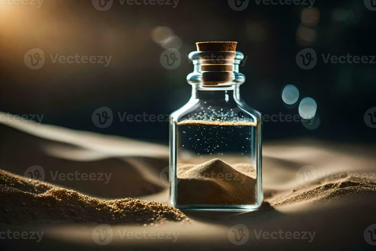 a bottle of sand in the desert. AI-Generated photo