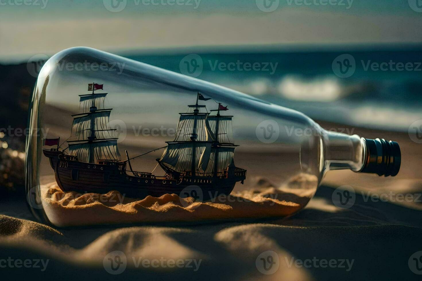 a ship in a bottle on the beach. AI-Generated photo