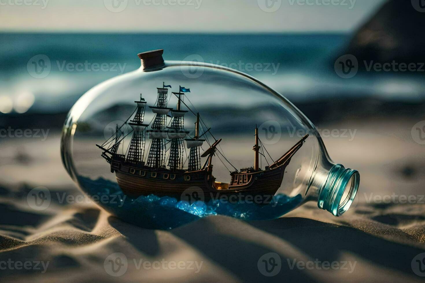 a ship in a bottle on the beach. AI-Generated photo