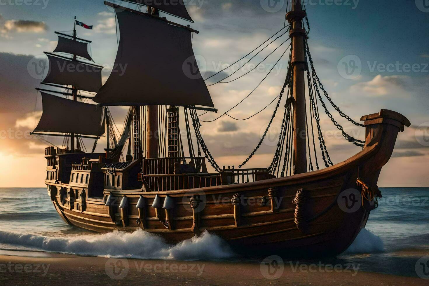a wooden ship on the beach at sunset. AI-Generated photo