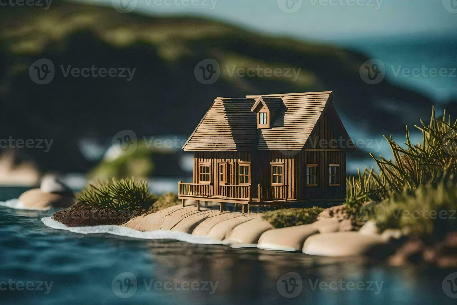 un miniatura casa en un pequeño isla por el agua. generado por ai foto